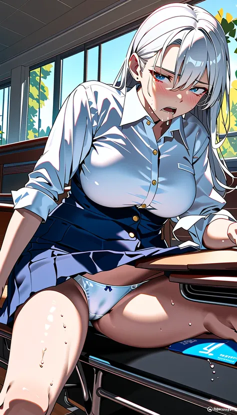 (masterpiece, beautiful,hughres,CG,8k,16k, top quality ,  high res , Detailed Fingers , detailed hands ,Detailed legs, detail eyes:1.5),Pay attention to the panties, One girl ,Alone,(classroom,School,school desk:1.5),(School uniform,White Hair, long hair o...