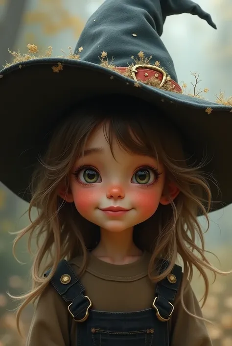 A disheveled girl with big cheeks wearing a witchs hat 