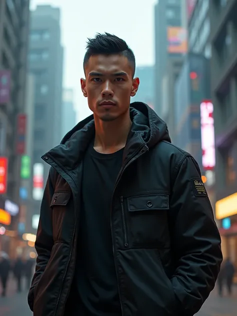 30 yo european male,black crew cut  hair,black jacket,t.shirt,in a cyberpunk style city,potrait