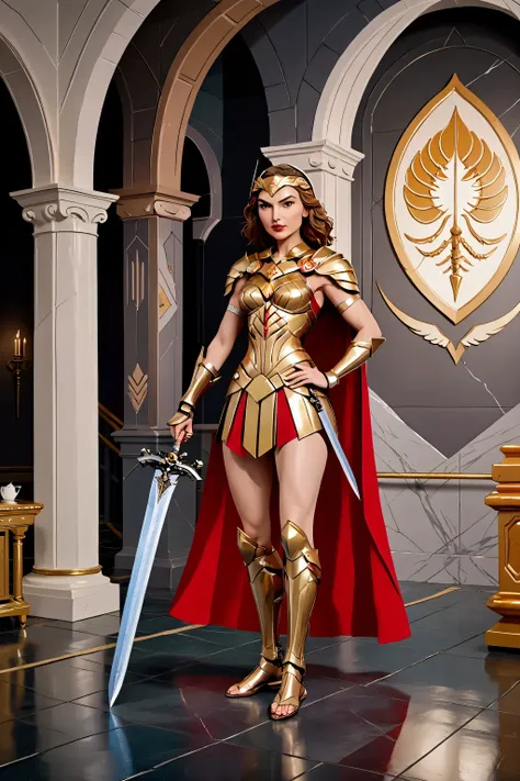 ((Full body photo, standing, feet on the ground)) 2 girl, Gal Gadot, ultra-realism, ultra-resolution, HDR, Photographic realism, Heroine pose, holding a sword, woman, medium breasts, straight hair and large, with golden Scorpion armor with white and red de...