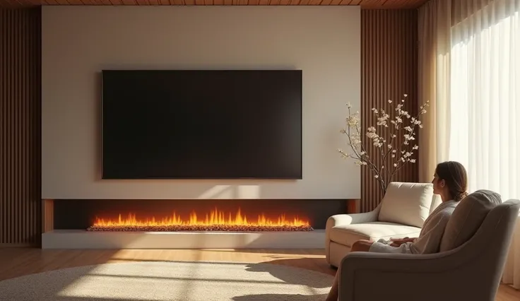  room,  in the center of the wall hangs a plasma panel , under the panel, a fireplace ,  with the right woman in an armchair in a bathrobe, 4K, 8 k, 
 high resolution ,  masterpiece fails:1.2,  overdetailed,  realistic , 
photo realistic , photo- realistic...