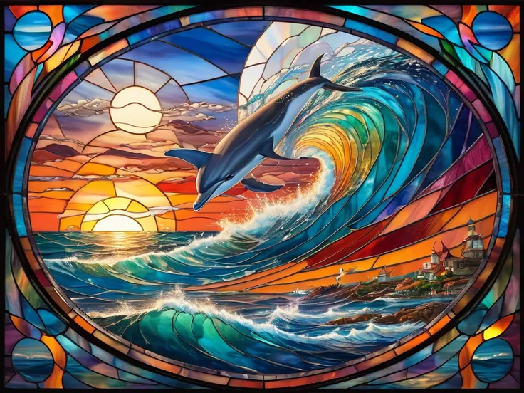 wonderful sunset on a strange & mysterious planet, stained glass style with large colored pieces around us, like a propeller they shrink in the background. Embossed, detailed, like a tornado shrinks towards the rising Sun, dreamily colorful, a dolphin in t...