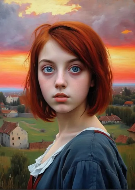 [[( front full figure portrait : young girl Zhanna Samari  (One!!!)  with big beautiful eyes and red bob hair, Crimson)(( Kuno-Amiet style !!!))])):20]/[background: Renaissance landscape , old canvas, ( silver fog sunset ), (( Alexey Savrasov landscape sty...