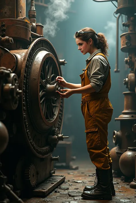 (Best quality, 4k, Masterpiece :1.3), 1girl, (steampunk), scenery, steampunk room engine, repairing engine, gears, cogs, steam, boots, overalls, goggles, dirty face, standing, machinery, oil on floor, dirty floor