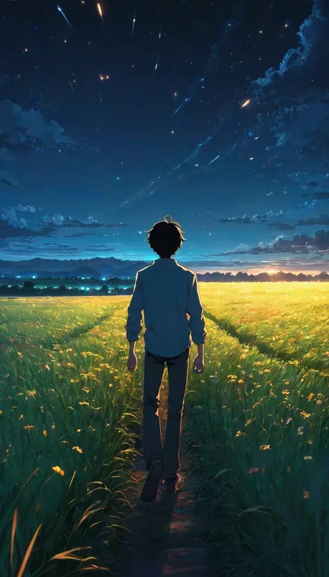 microdetail !!! ultrahd!!!  8K!!! a lonely boy , minimalist, hyperrealistic-anime !!!  field full of pastures and fireflies microdetailed!!!, Megadetallenoche Serene Night ,  dream Makoto Shinkai Cyril Rolando , beautiful anime scene, Fondo de pantalla inc...