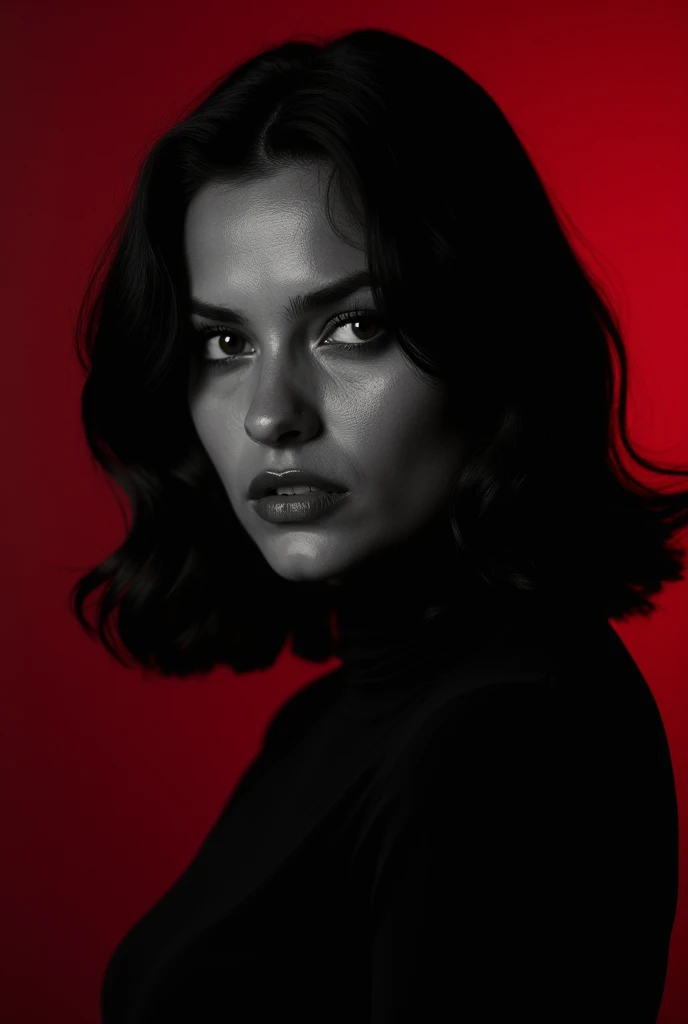 Create a black and white image of Emily Rios, don&#39;t forget the red background (a darker shade)