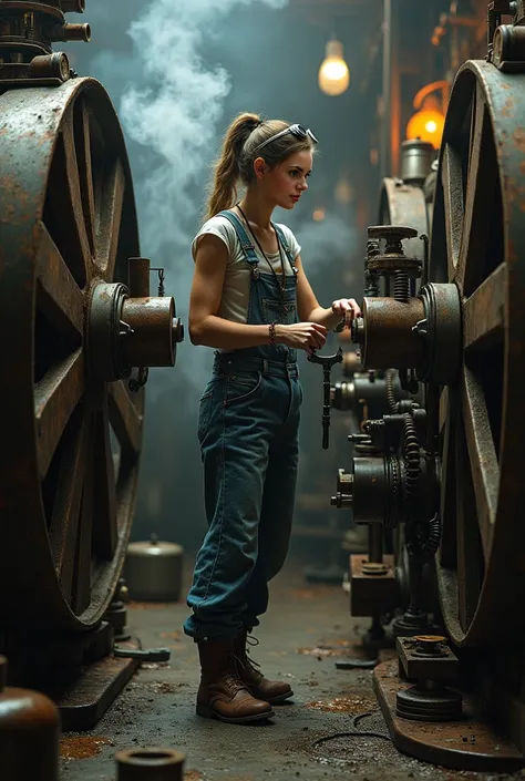 (Best quality, 4k, Masterpiece :1.3), 1girl, (steampunk), scenery, steampunk room engine, repairing engine, gears, cogs, steam, boots, overalls, goggles, dirty face, standing, machinery, oil on floor, dirty floor