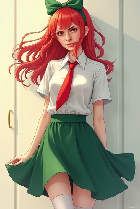 masterpiece, white shirt, green skirt ,red tie, red hair ribbon, white stockings, 8k, lin, green hair