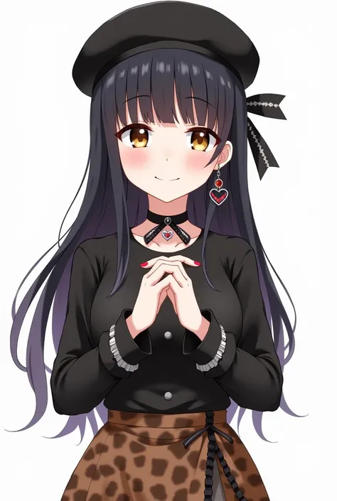 mayuzumi fuyuko, 1girl, solo, black hair, hat, jewelry, long hair, looking at viewer, bangs, earrings, skirt, white background, smile, shirt, simple background, heart earrings, long sleeves, heart, black headwear, black shirt, frilled choker, breasts, brow...