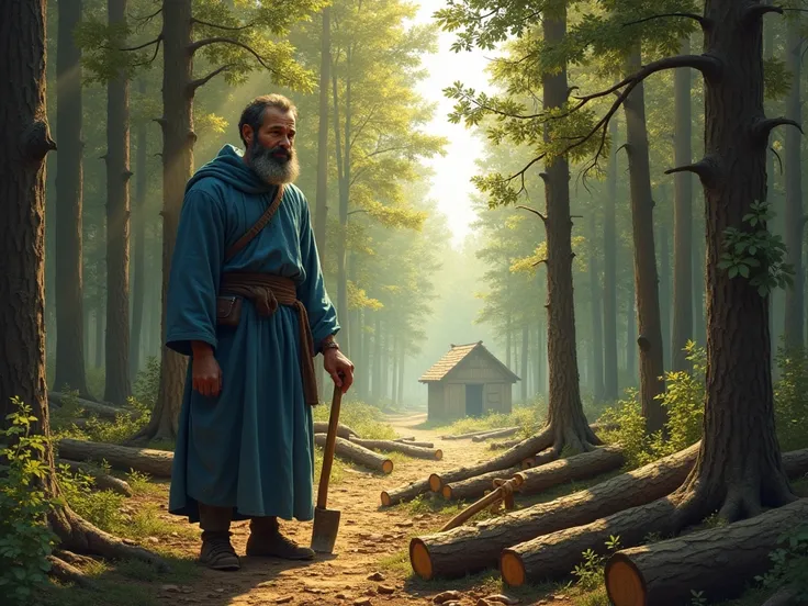 A depiction of Rehmat, a poor 35-year-old man dressed in a blue robe, standing in a dense forest with an axe in his hand. He appears weary yet determined, surrounded by freshly cut logs of wood. The forest is lush and sunlit, with golden rays filtering thr...