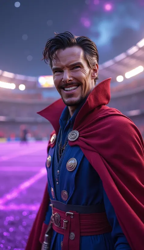  A close-up of Doctor Strange on an alien soccer field with luminous grass in shades of purple ,  its face filled with a happy smile and a look of gratitude . Behind him, an alien field is visible ,  with details such as floating bleachers and a surreal at...