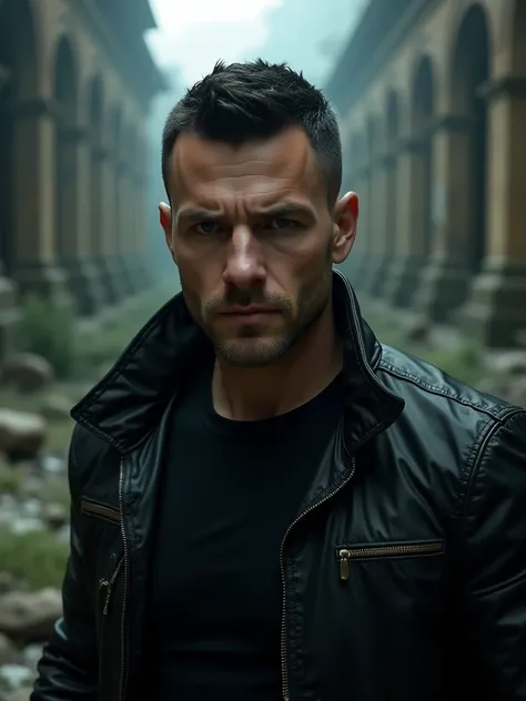 30 yo italian male,black crew cut  hair,black jacket,t.shirt,in a abbandonate Atlantean,potrait