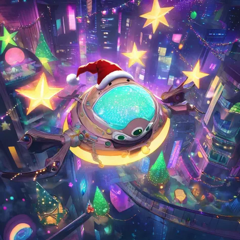 "A highly detailed and visually stunning depiction of a UFO-themed Pepe the Frog celebrating Christmas, styled in a blend of surrealism and cyberpunk. The scene shows Pepe as a cheerful alien piloting a glowing, futuristic UFO adorned with intricate Christ...