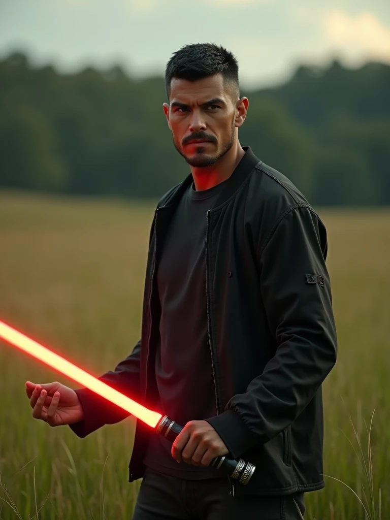 30 yo italian male,black crew cut  hair,black jacket,t.shirtholding a lightsaber,in a grass field,potrait