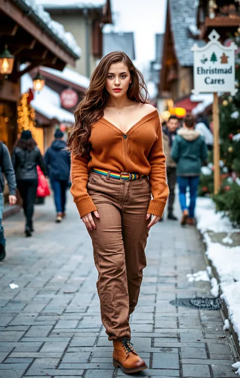 Woman, 27 years old, 1.96m tall. 125kg. Strong and curvy amazonian BBW. Very broad shoulders. Super long legs. Humungous breasts, slightly pointed bosoms. Wearing tight off the shoulder sweater, burnt ember sweater. Lengthy cleavage, deep cleavage. Mohair ...