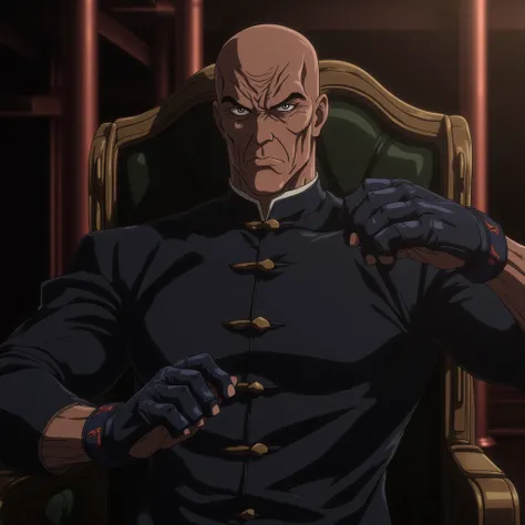 young anime murim villain taoist marshal artist , gloves , kiijing thought finger , hiding smirk smile   ,  in suit sitting in dark shadows on chair in villainous pose 