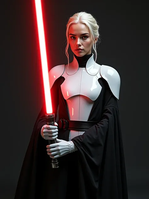 Daenerys Targaryen,pale blonde hair bun,sith black robe dress,white advanced hitech armor chestplate and shoulder pads,holding a red lightsaber,potrait