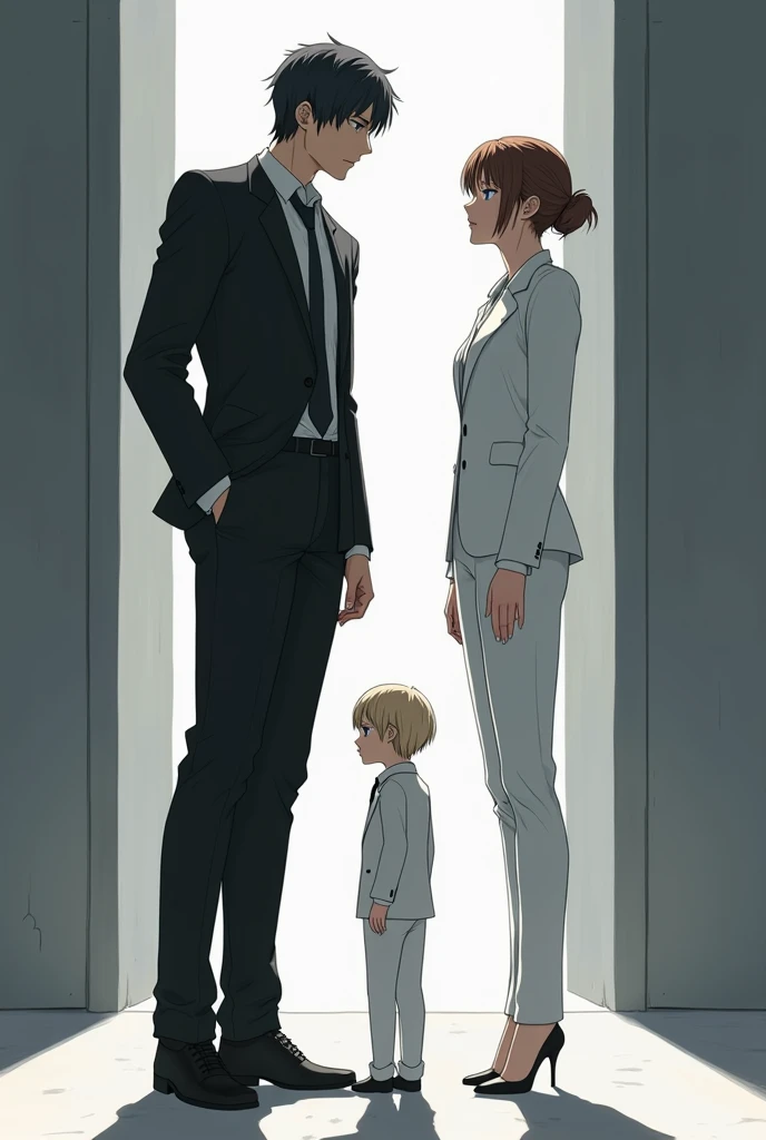 anime,  alpha and omega the tall alpha in a black suit and the omega with a thin and  in a white suit, both of them staring at each other with a one-year-old boy in a white suit  