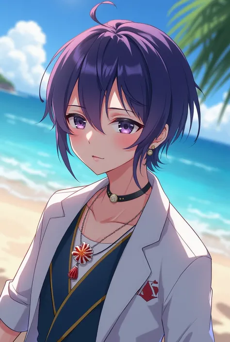 Fafnir Kobayashi-san, Man with a fish ornament,  with short purple black hair,  with marine accessories ,  on the beach, anime