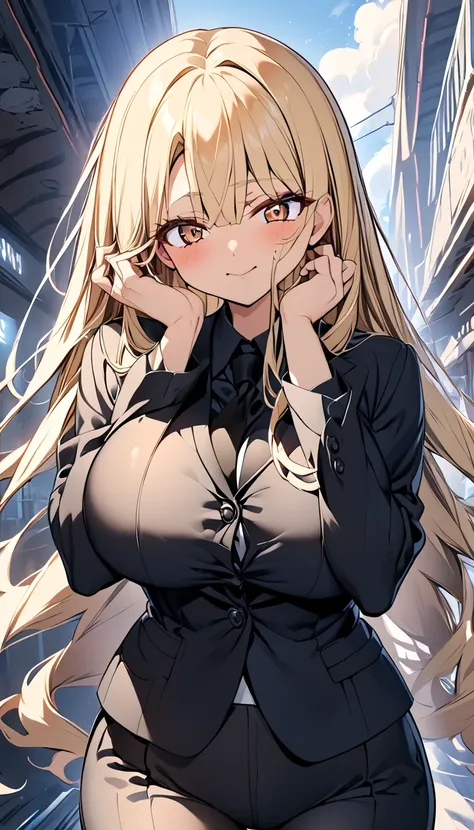  One girl 　 cute girl　 ANIME STYLE　Anime Face　 anime style　Beauty　Big Breasts　 top and bottom black pant suit 　 black shirt　Black color tie　Blonde hair　 straight hair 　 long hair on her face