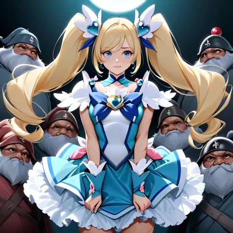 ((best quality)), ((masterpiece)), (detailed), (UHD), (realistic), 4k, barbara, cure aqua cosplay, more battle damage, surrounded by dwarf, shreded clothes, sweat, 