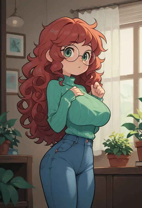 Solo, small young girl, skinny body, slender body, red hair, curly hair, long hair, green eyes, huge breasts, round glasses, denim jeans, (tight pink sweater), indoors, chibi, tucked in sweater