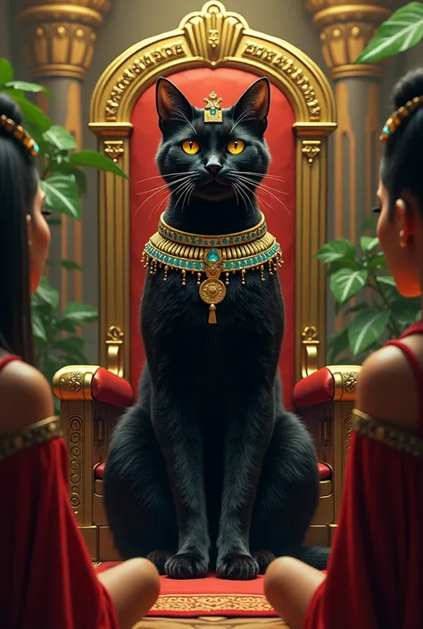 Make the gamer image of a black Egyptian cat ,  wearing a crown and sitting on the throne with several people bowing