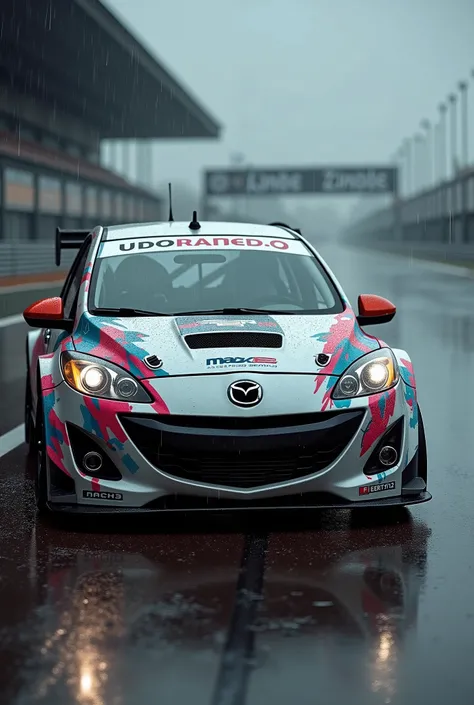 Mazda 2, year 2011, decorated in racing style, Parked in a rainstorm on the race track