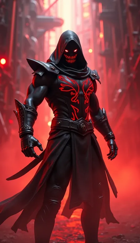 (photorealism:1.2), A cinematic depiction of Shadow as Noob Saibot from Mortal Kombat, placed in the mechanized Death Egg Zone from Sonic. Shadows black and red fur is now a dark, ninja armor, totally black, shadowy black with glowing red accents. The back...