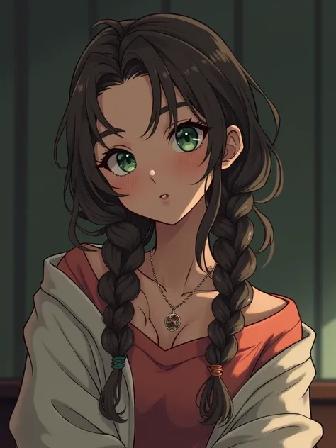 hair: Long and dark brown,  usually tied in a messy bun or in a side braid .  She has some lighter locks ,  that shine under the sunlight .

eyes:  Emerald Greens ,  with a gentle and comforting look .

First: lightly tanned,  with discreet freckles on her...