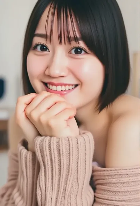  top quality 、 photorealistic、8k、 high res、 perfect lighting、Beautiful、​masterpiece、 realistic 、close up portrait、
 one girl 、Sharp Eye、 off-shoulder sweater、 middle breasted、 short hair、 Watch Viewers、親切な笑face、At the cafe、face、 unny