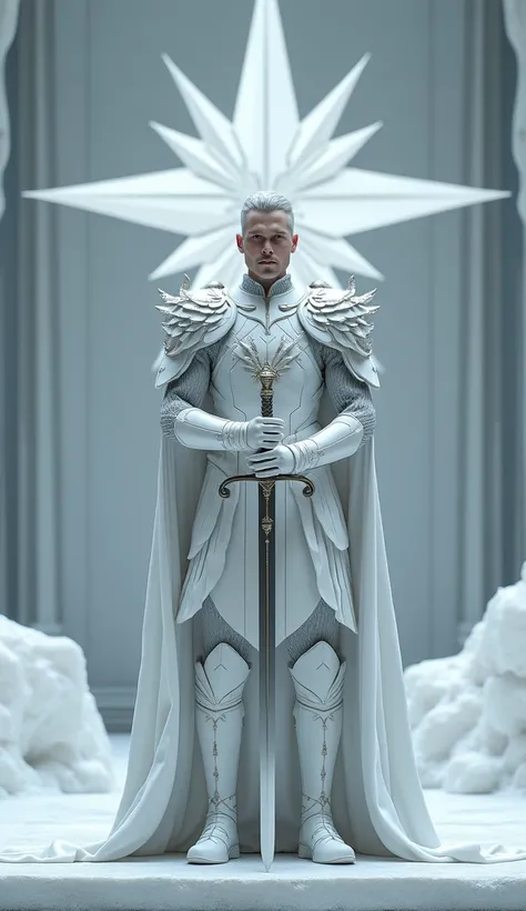  a tall, muscular man ,  with fair skin and short silver hair combed back .  He wears white ceremonial armor made of shiny metal without a shirt ,  adorned with delicate details that simulate wing patterns .  He wears tall white boots and a long cloak of t...