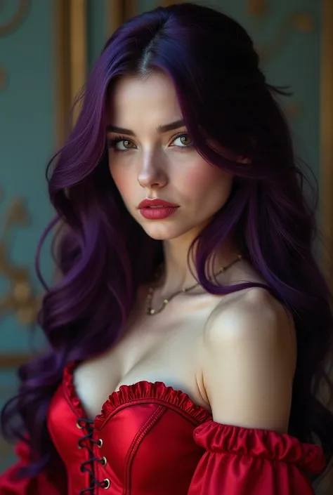 Slavic Girl with dark purple hair in red corset 