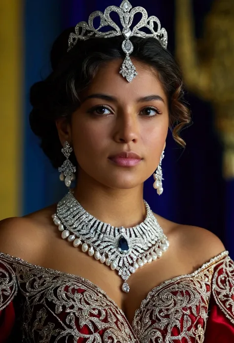 
(Ultra 4K), Of a beautiful young Honduran woman dressed in a beautiful royal dress, made of fine fabric and a beautiful diamond necklace 