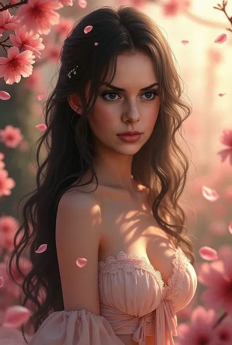 girl:1.5),lace,ribbon,(masterpiece, sidelighting, finely detailed beautiful gray eyes: 1.2), medium breast, realistic, glowing eyes,shiny hair,black hair,long long hair, lustrous skin, solo, embarassed,Strapless,exquisite,beautifly,garden,flowers,flying pe...