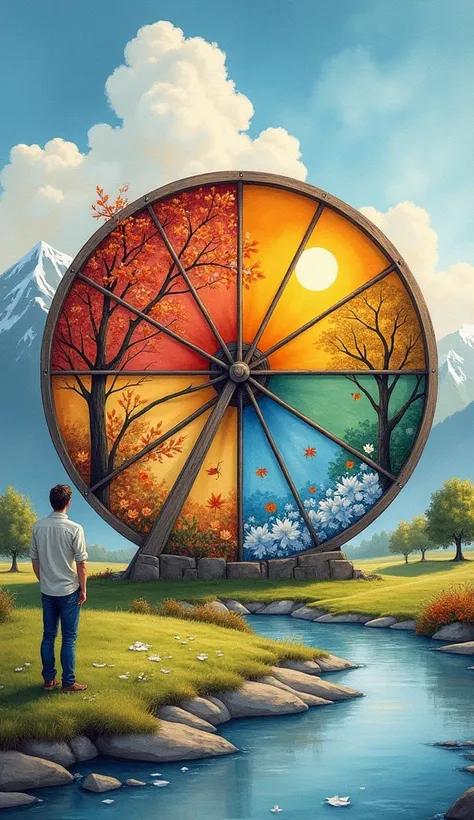 depict a large wheel built into the ground, divided into four sections: spring with flowers, summer with sun, autumn with leaves, winter with snow. In the background are mountains, clouds and a river flowing smoothly nearby. A man stands by the wheel, watc...