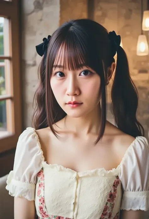   twin tails,1 Nogizaka Girl ,  VERY CUTE , , , ( Gothic Lolita Fashion), Exquisite details and beautiful face, eyes and skin,  Detailed Black Shiny Hair , ( small breasts), ( clevis on a stone), ( open chest ), Elegant frills, Ruffled tie, ribbon tie ,  R...