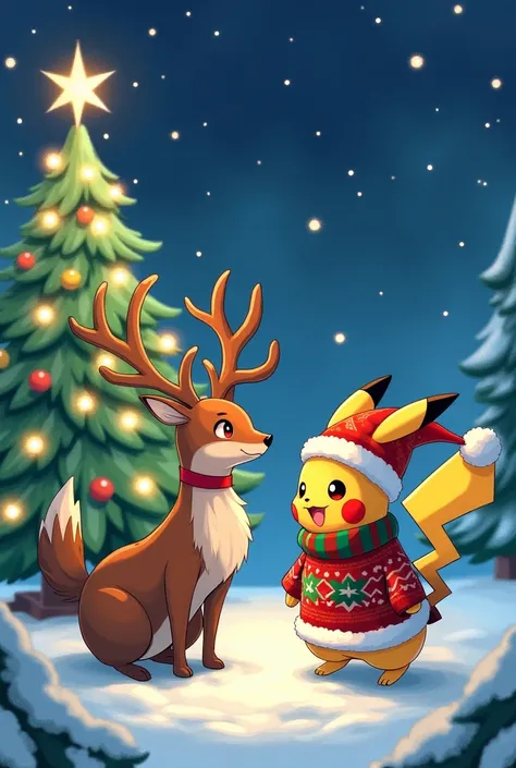 pikachu in christmas clothes and wyrdeer, outdoor christmas tree, starry night, watercolor