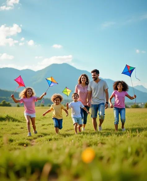 A smiling mother and father watching their ren play in an open field, with mountains and the Venezuelan sky in the background. The ren run freely, holding colorful kites, symbolizing dreams and hope. UHD 4K