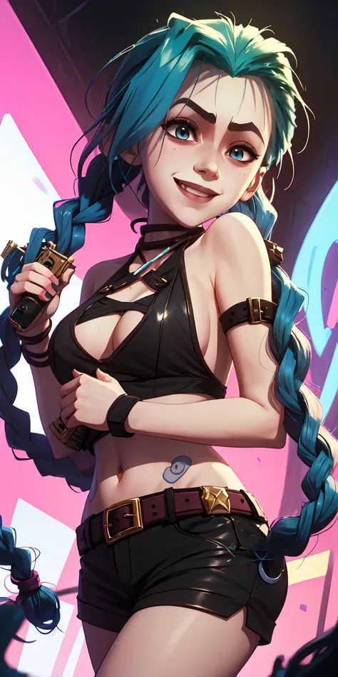  An anime-style character inspired by Jinx from Arcane , with a psychopathic smile ,  blue hair in braids , blue cloud tattoo on right arm ,  holding a pink pistol with a defiant attitude against a neon background.