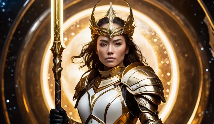 A female warrior in gold and white armor stands against a backdrop of a planet and glowing rings. She wears an intricate golden crown and holds a spear. The scene is a fantasy and science fiction scene, with stunning detail in the armor and space setting.