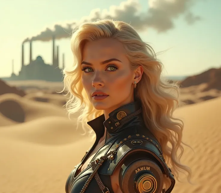 cinematic close up photography of a beautiful blonde woman, green eyes, Sophia Loren style hair, sexy and sculpted body, beautiful breasts, in steampunk costume, walking in the desert, in the distance a large city with many chimneys releasing smoke, steamp...