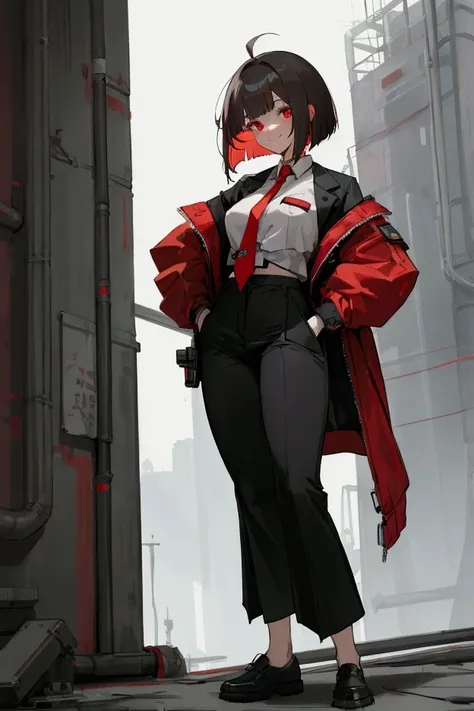 Very Tall Anime adult Girl (175 cm) in a cyberpunk background rooftop in the night with a happy smile,  happy, red eyes, a little messy brownish trimmed bob cut hair, red jacket, white shirt and a poorly fastened red tie, black pants and black shoes with a...