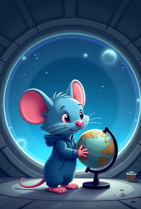 Illustration of a cartoon character in a space station. the character is a blue mouse with a pink nose and ears, wearing a blue hoodie. it is standing in front of a large dome-shaped window with a view of the night sky and planets. the mouse is holding a g...