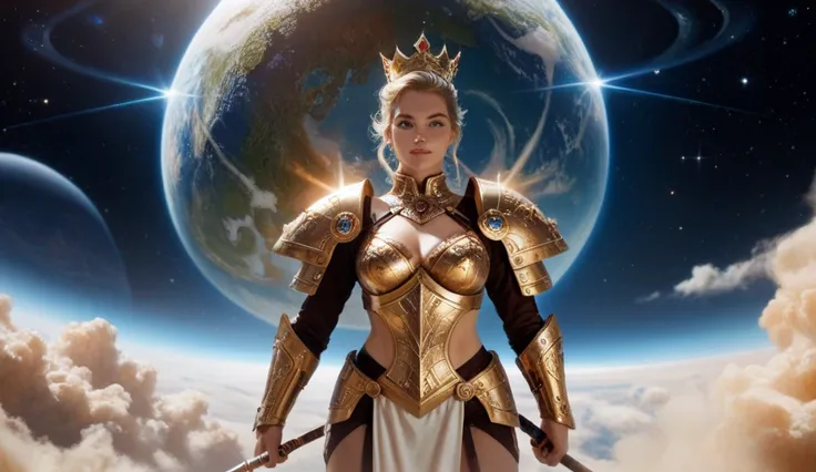 A female warrior in gold and white armor stands against a backdrop of a planet and glowing rings. She wears an intricate golden crown and holds a spear. The scene is a fantasy and science fiction scene, with stunning detail in the armor and space setting.