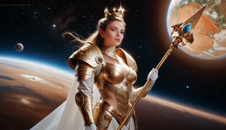 A female warrior in gold and white armor stands against a backdrop of a planet and glowing rings. She wears an intricate golden crown and holds a spear. The scene is a fantasy and science fiction scene, with stunning detail in the armor and space setting.