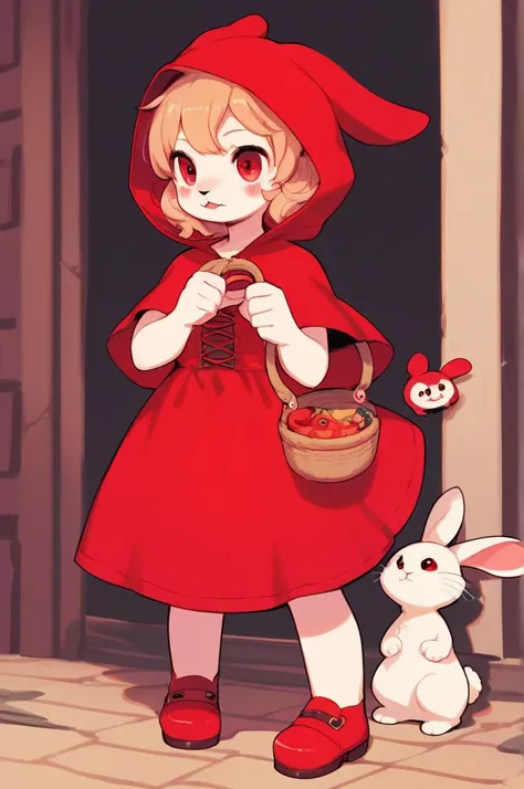 MY MELODY and kuromi couple , Personification in the style of Little Red Riding Hood with a rabbit motif , artistic , (heart is beating fast:0.4), Twisted love , (erotica) , Dimly lit room , euphoria , ooze , bold action , petting