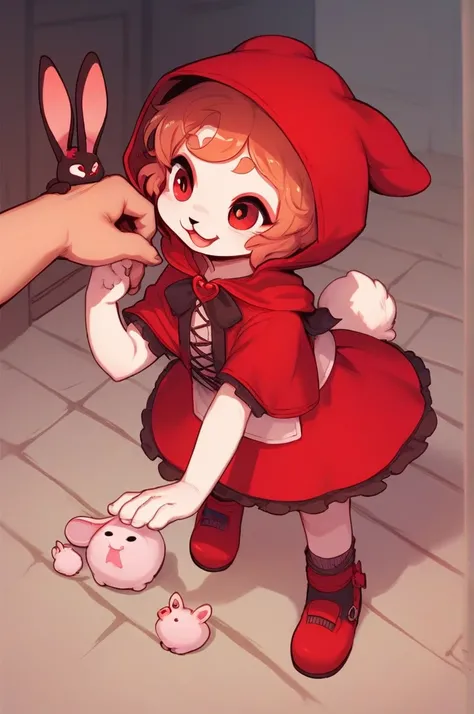 MY MELODY and kuromi couple , Personification in the style of Little Red Riding Hood with a rabbit motif , artistic , (heart is beating fast:0.4), Twisted love , (erotica) , Dimly lit room , euphoria , ooze , bold action , petting