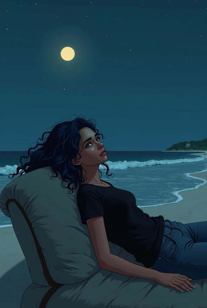 A girl with black curly hair dyed blue underneath, brunette skin, tall, sad face, wearing a baggy black t-shirt and jean،  and looking at the sea at night On the beach alone 