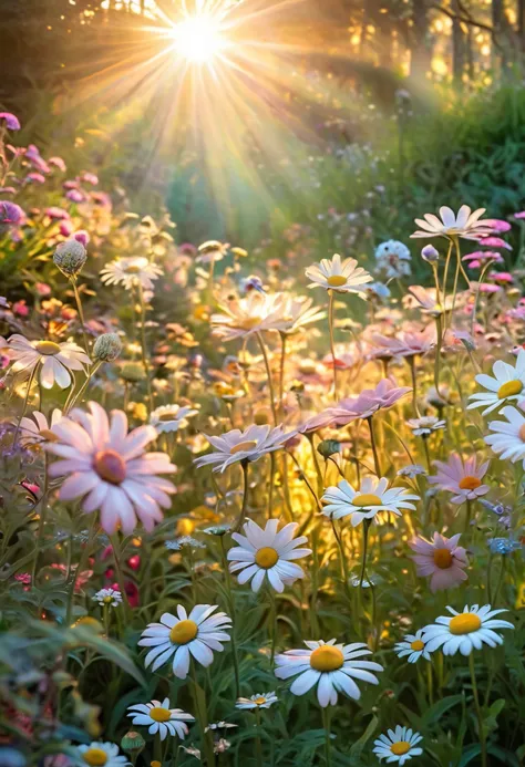 morning sunlight soft colors fantasy flower garden daisies and pastel flowers, intricate details whimsical fantasy landscape art intricate details, masterpiece, beautiful detailed ultra high definition beautiful art, realistic and realistic, motion blur, t...